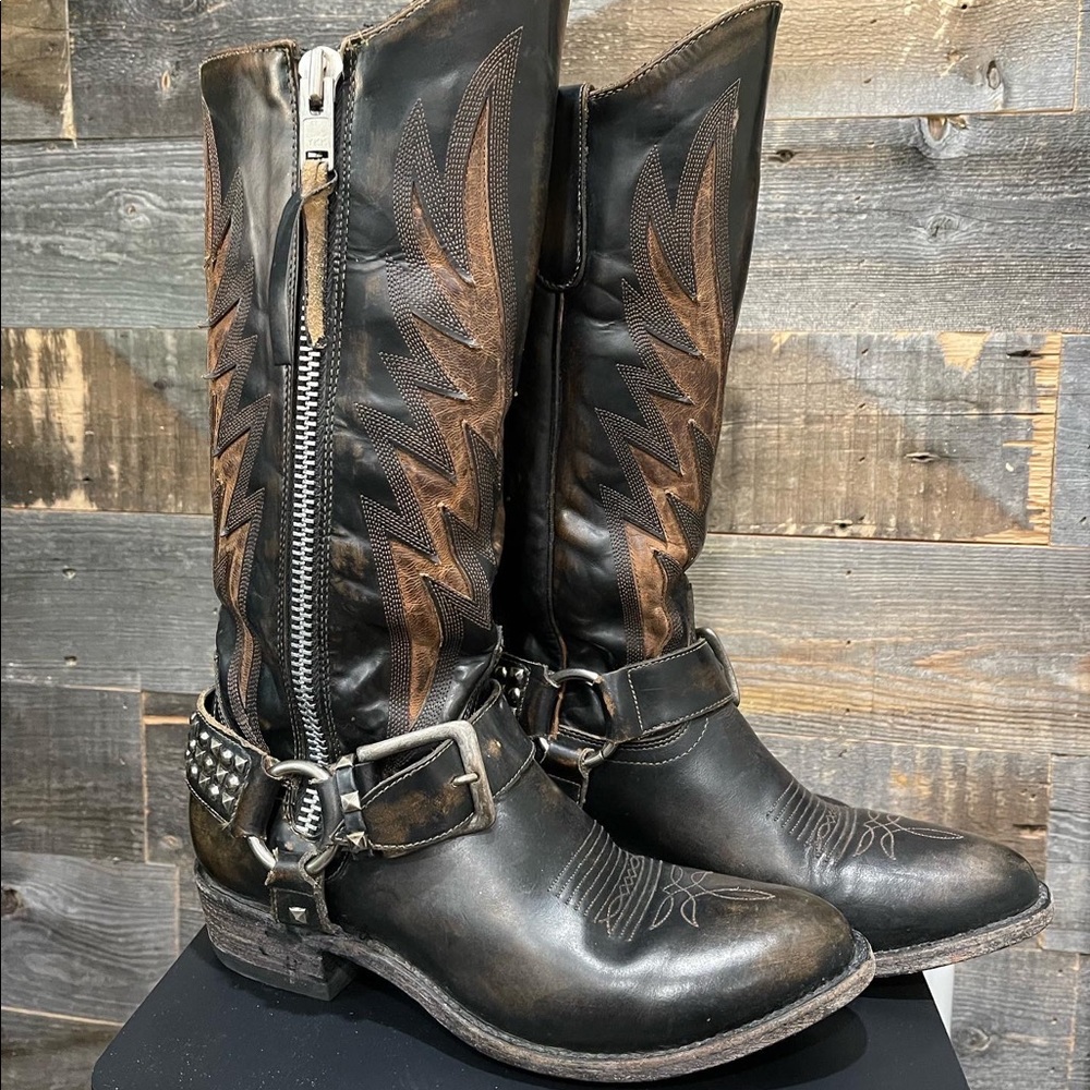 Old Gringo Minerva Motorcycle Boots, Sz 8.5, Black Leather, Rare